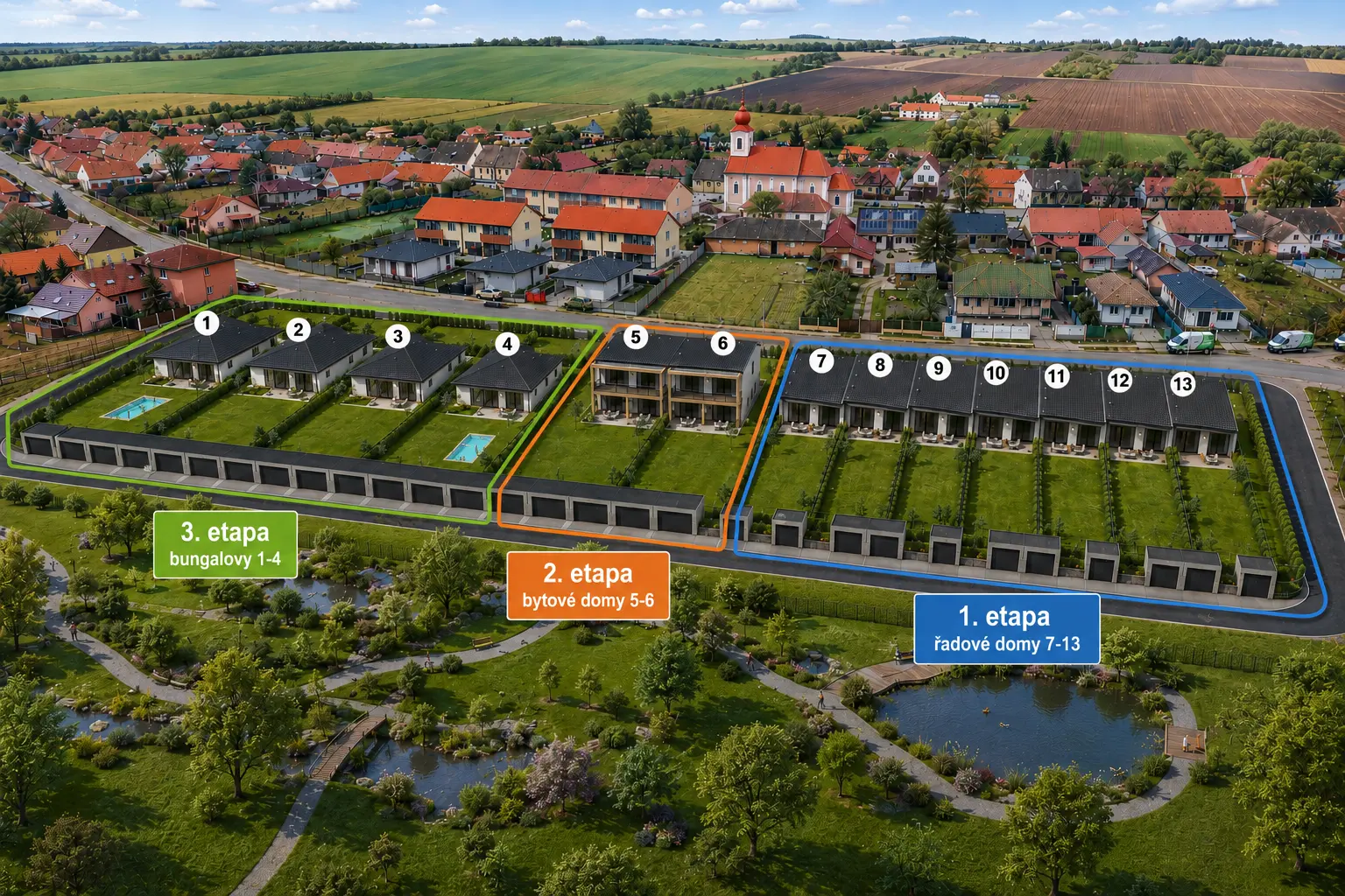 Letecká vizualizace projektu Načeratice s vyznačenými domy 7 až 13